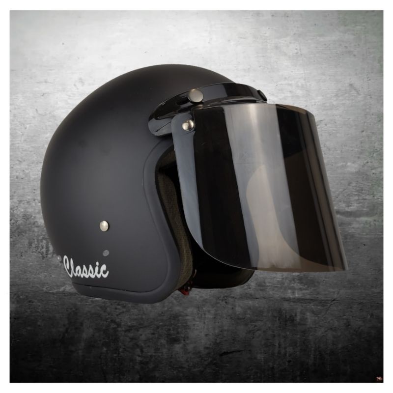 Helm Bogo Retro Garis Hitam Doff Flat Visor