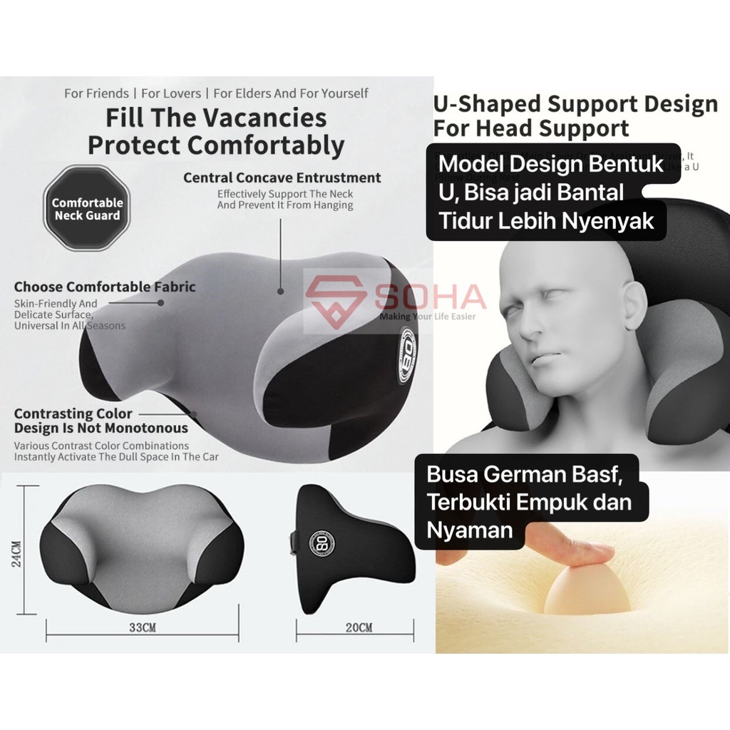 AM-01 Abu-abu Headrest Anti Pegal Bantal Sandaran Kepala Kursi Mobil Berbentuk U Bahan Busa Lumbar Kapas Lembut Nyaman di Leher &amp; Kepala