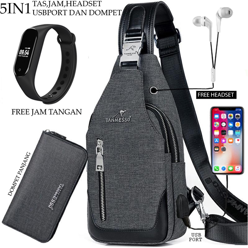 TANMESSO 5in1 BAYAR DITEMPAT- JAM LED -HEADSET- DOMPET -USBPORT -TAS WATERPROOF-BAHAN INTERPILAR SENDIRI LEMBUT DAN TEBAL MENGANDUNG 70%COTTON BUKAN PARASUT ATAU KANVAS SEPERTI YANG BEREDAR DIPASARAN-TAS SELEMPANG PRIA-SLING BAG PRIA