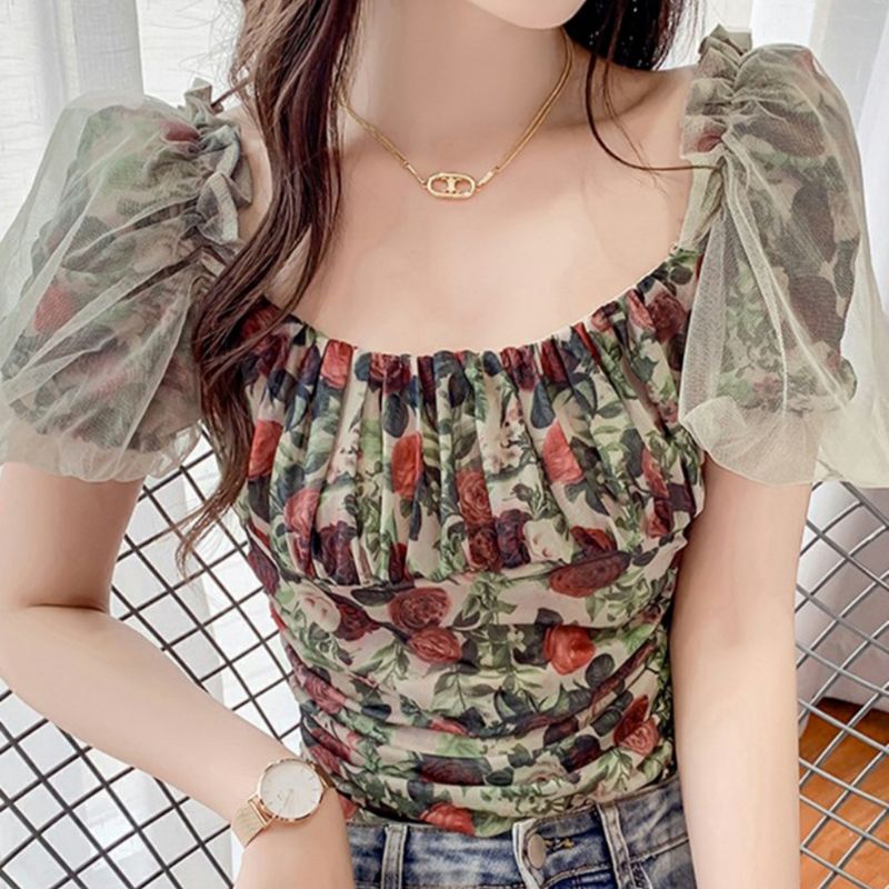 5592 Baju atasan blouse lengan pendek Sabrina motif bunga flower floral Korean style wanita import b