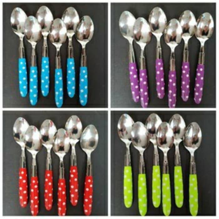 Sendok Set Polkadot Stainless Steel Spoon 6 pcs Alat Makan Kitchen Tools Travel Portable Dining New