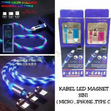 Kabel Data Charger Magnet Full LED 3in1 iPhone Micro Type C Support 2A