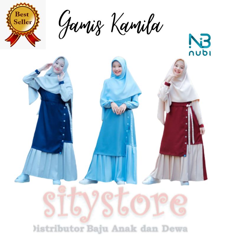 sitystore - gamis Kamila Nubi - dress anak set jilbab usia 3-14 tahun - baju muslim couple ibu & ana