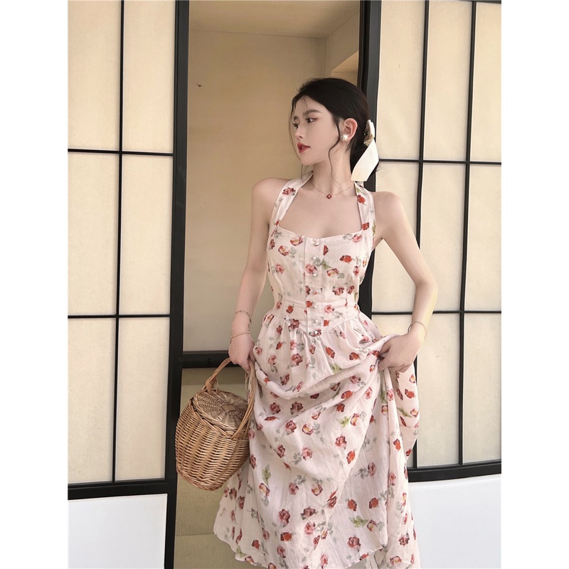 Suhao French retro floral suspender dress peri musim panas pengurangan usia tanpa lengan backless se