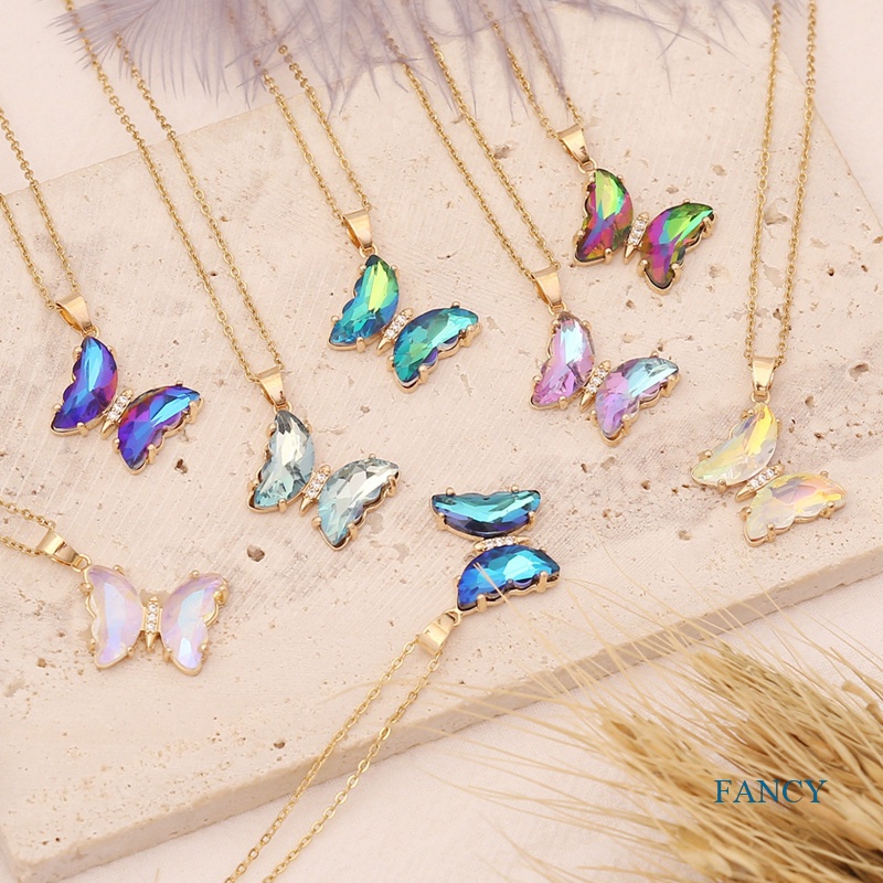 Kalung Rantai Klavikula Desain Kupu-Kupu Kristal Kaca Bening Gaya Korea Butterfly