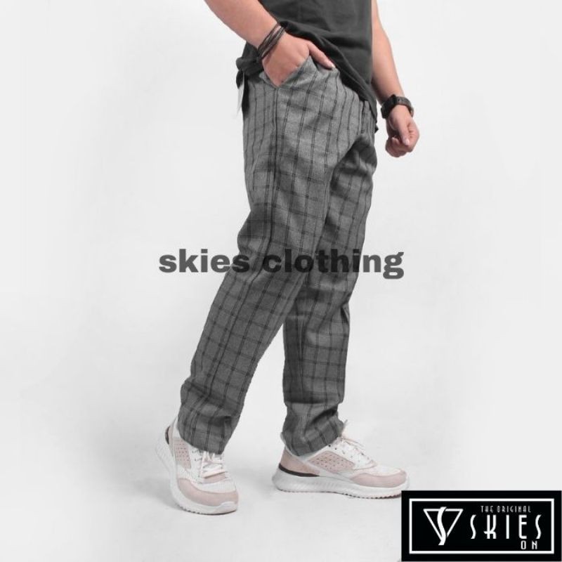 Celana Tartan Panjang Pria Motif Kotak abu Garis Hitam Slimfit Katun Semi Wol Outfit Original Skies