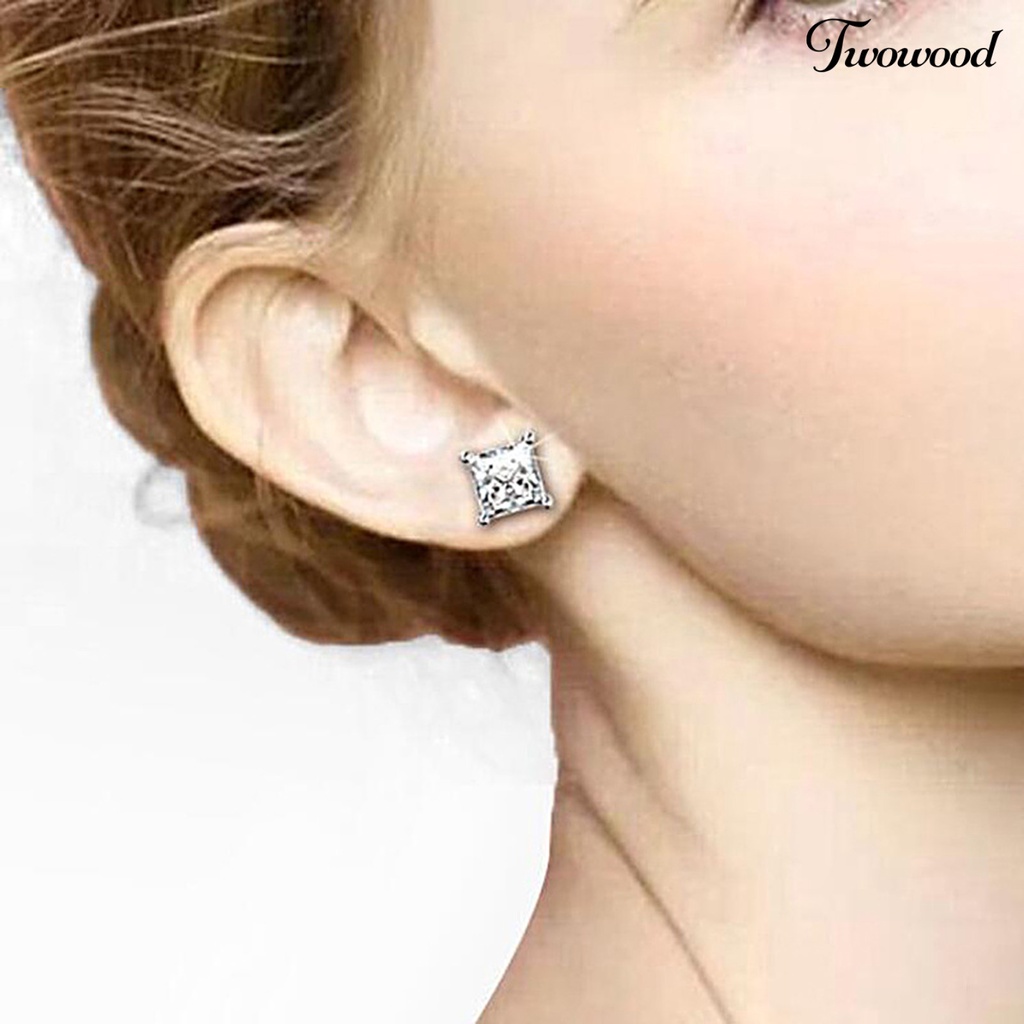 Twowood 1 Pair Exquisite Charming Women Earrings Plated Silver Square Cubic Zirconia Stud Earrings Jewelry Accessory