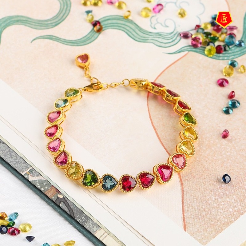 [Ready Stock]Luxury New Heart-Shaped Colored Gems Bracelet 18K Gold