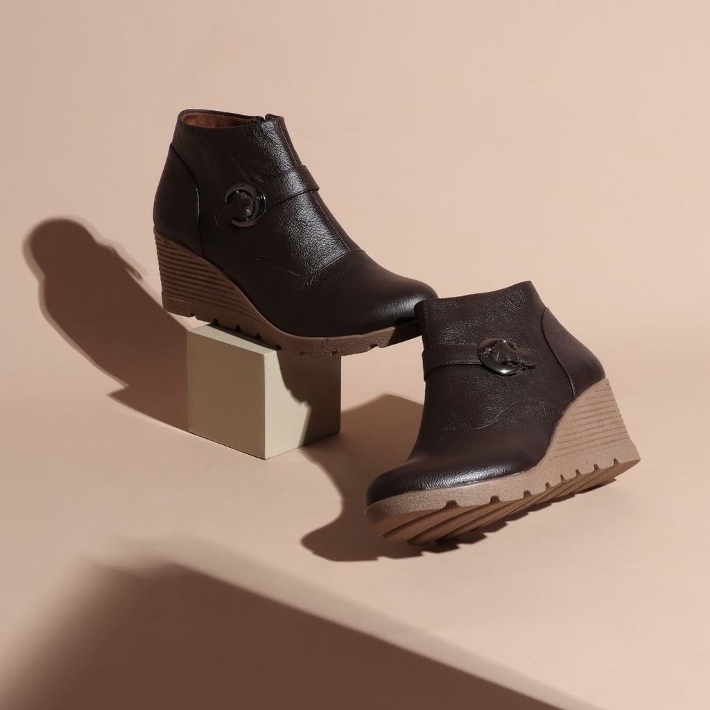 sepatu boots wanita hak tebal ankle wedges terbaru kulit asli Grutty IN151 Coklat