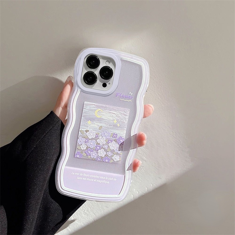 Soft Case Pelindung Lensa Kamera Motif Lukisan Bunga Warna Ungu Untuk iPhone 14 13 12 11 Pro Max X Xr Xs Max 8 7 6 6s Plus