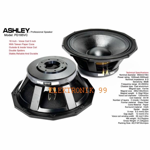 SPEAKER ASHLEY 18 INCH PD185VC- PD 185VC ORIGINAL VOICE COIL 5INCH