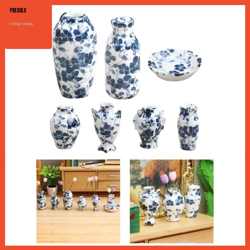 Predolo 7Pcs / Set Miniatur Vas Porselen Biru Putih Aksesoris Rumah Boneka 1 / 12