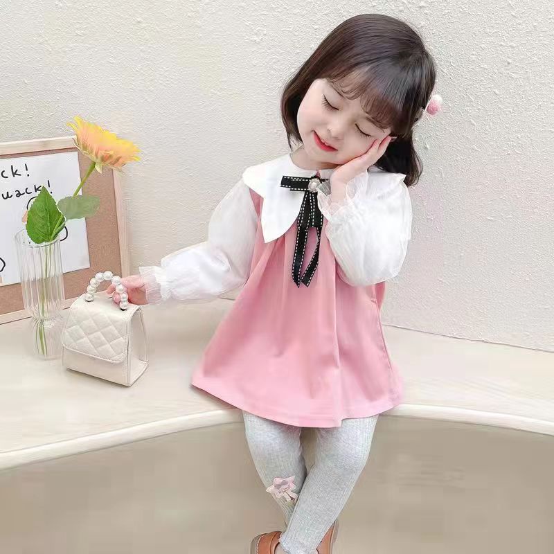 KF CAT Setelan anak perempuan import/ Set anak cewek baju kerah pita + celana legging korea casual style untuk 1 -5 tahun-Pink