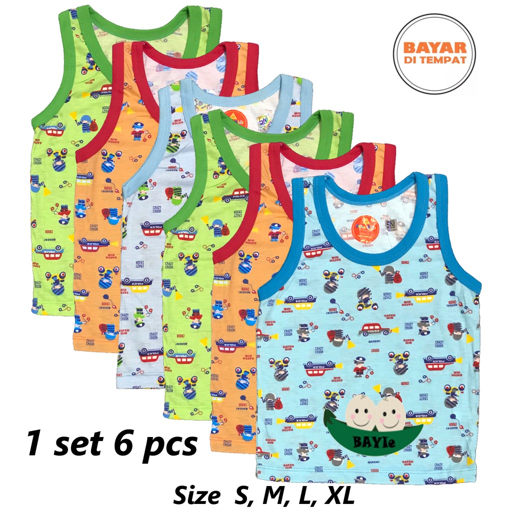 BAYIe - 6 PCS Kaos Singlet/Kutung Bayi/Anak Laki/Perempuan Motif POLICE AGREE KIDS Size S, M, L, XL