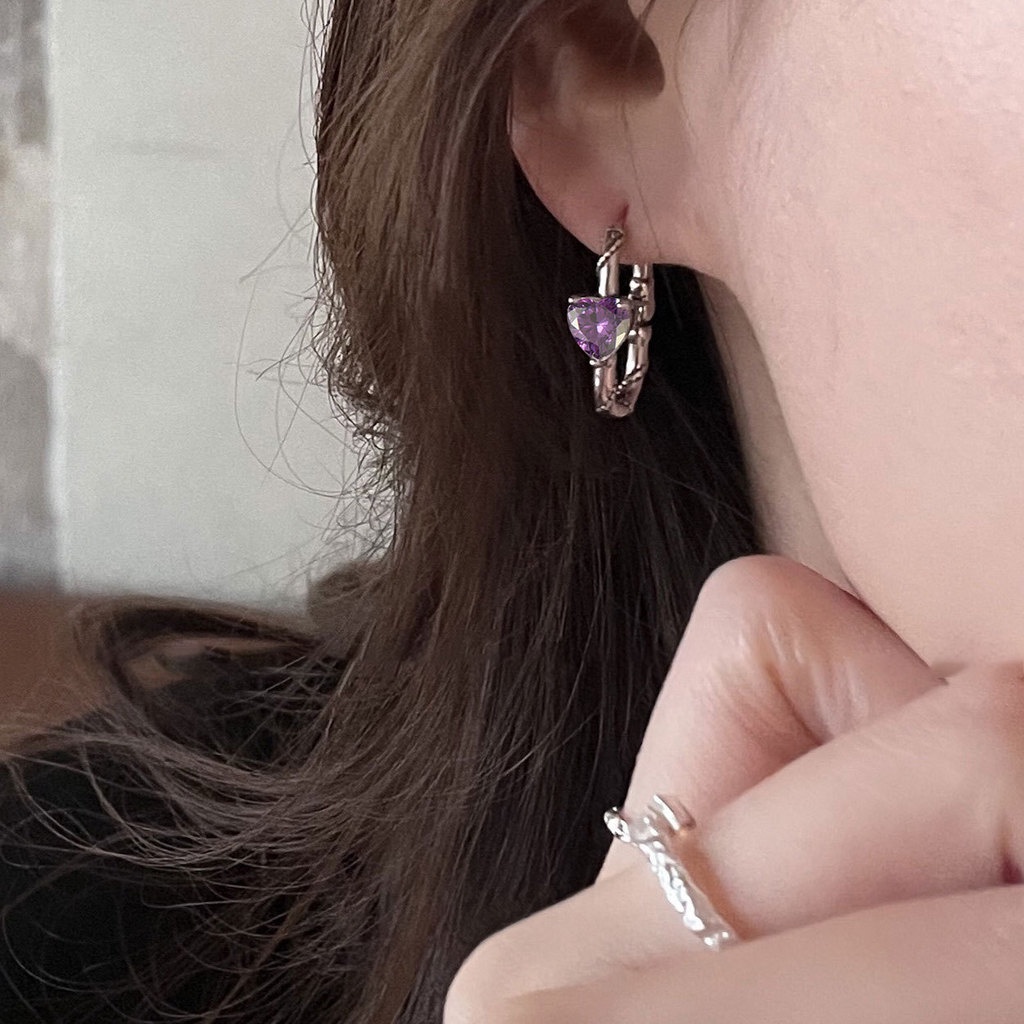 Anting Tusuk Berlian Ungu Bentuk Hati Gaya Harajuku Retro Untuk Wanita