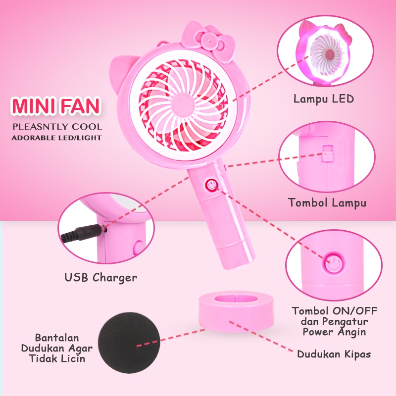 Kipas angin genggam portable stand mini led karakter hello kitty doraemon minion free baterai dan kabel casan