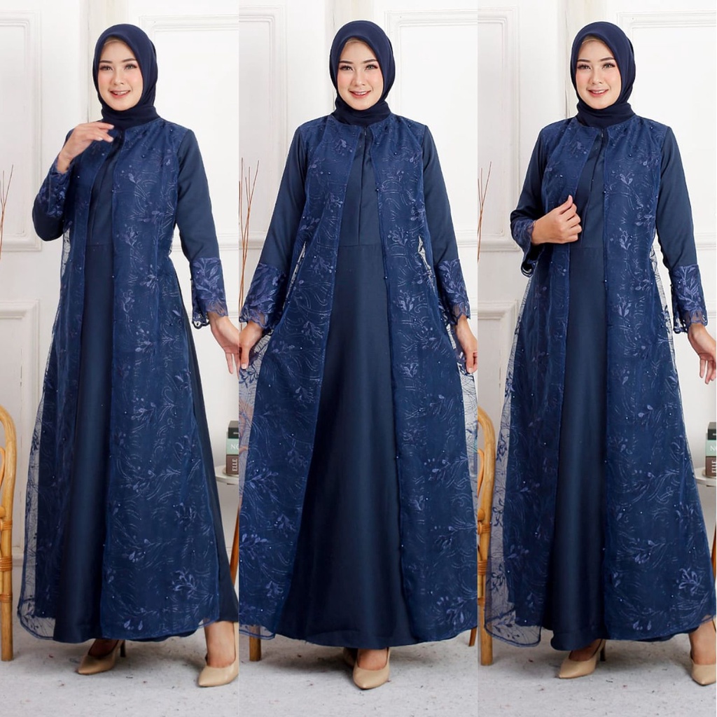 Gamis Hena S M L XL XXL Busui Tile Bordir Mutiara Maxi Dress Lebaran Brukat Tulle Longdress Pesta Baju Muslim