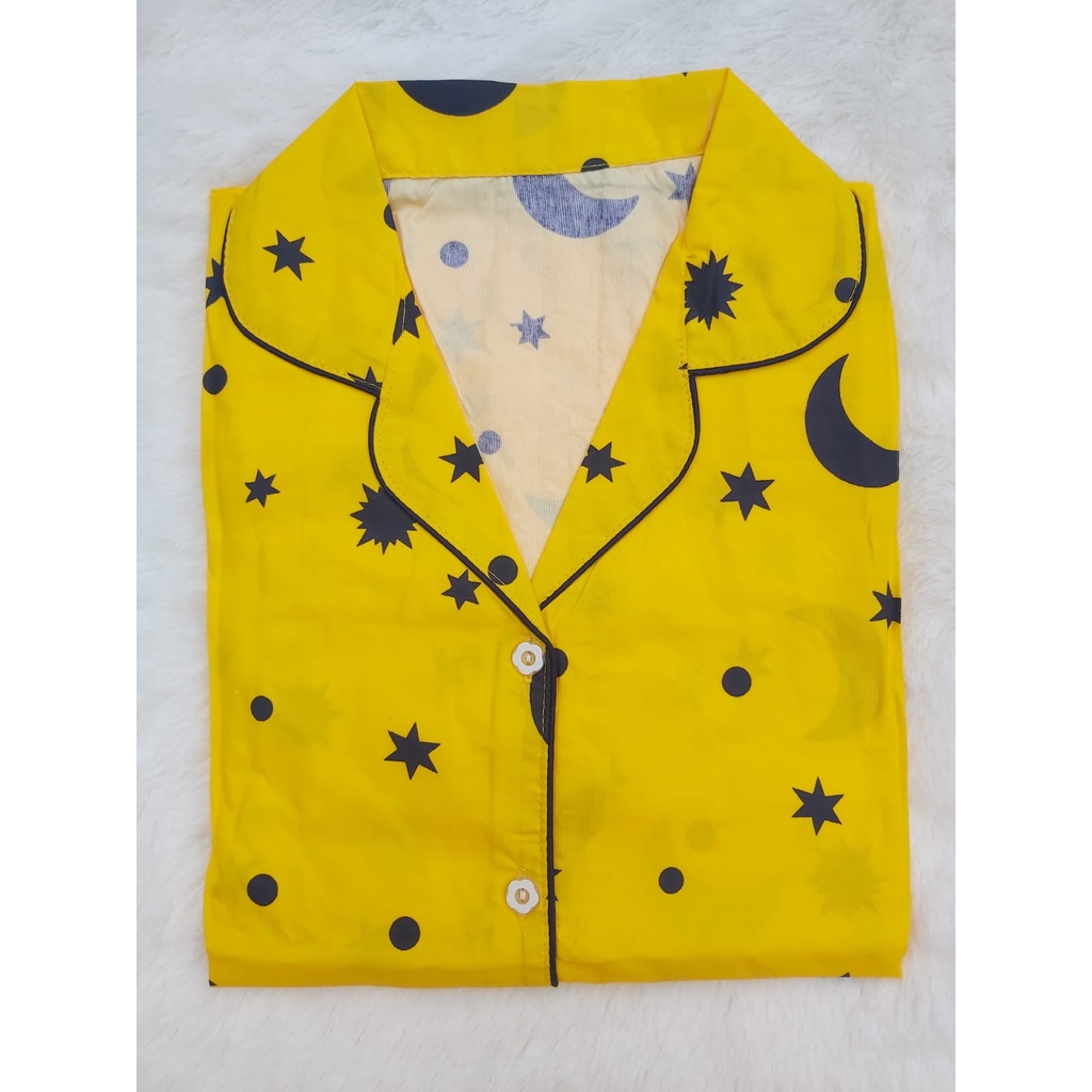 BJ - Piyama CP Wanita Murah - Bahan Katun - Baju Tidur Lengan Pendek Motif Karakter-StarMoon - Kuning