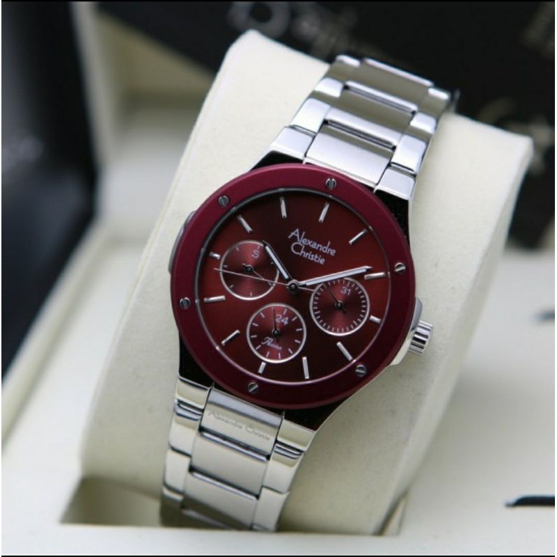 ORIGINAL JAM TANGAN WANITA ALEXANDRE CHRISTIE CEWEK MAROON SILVER RANTAI ALEXANDER CRISTIE AC 2913