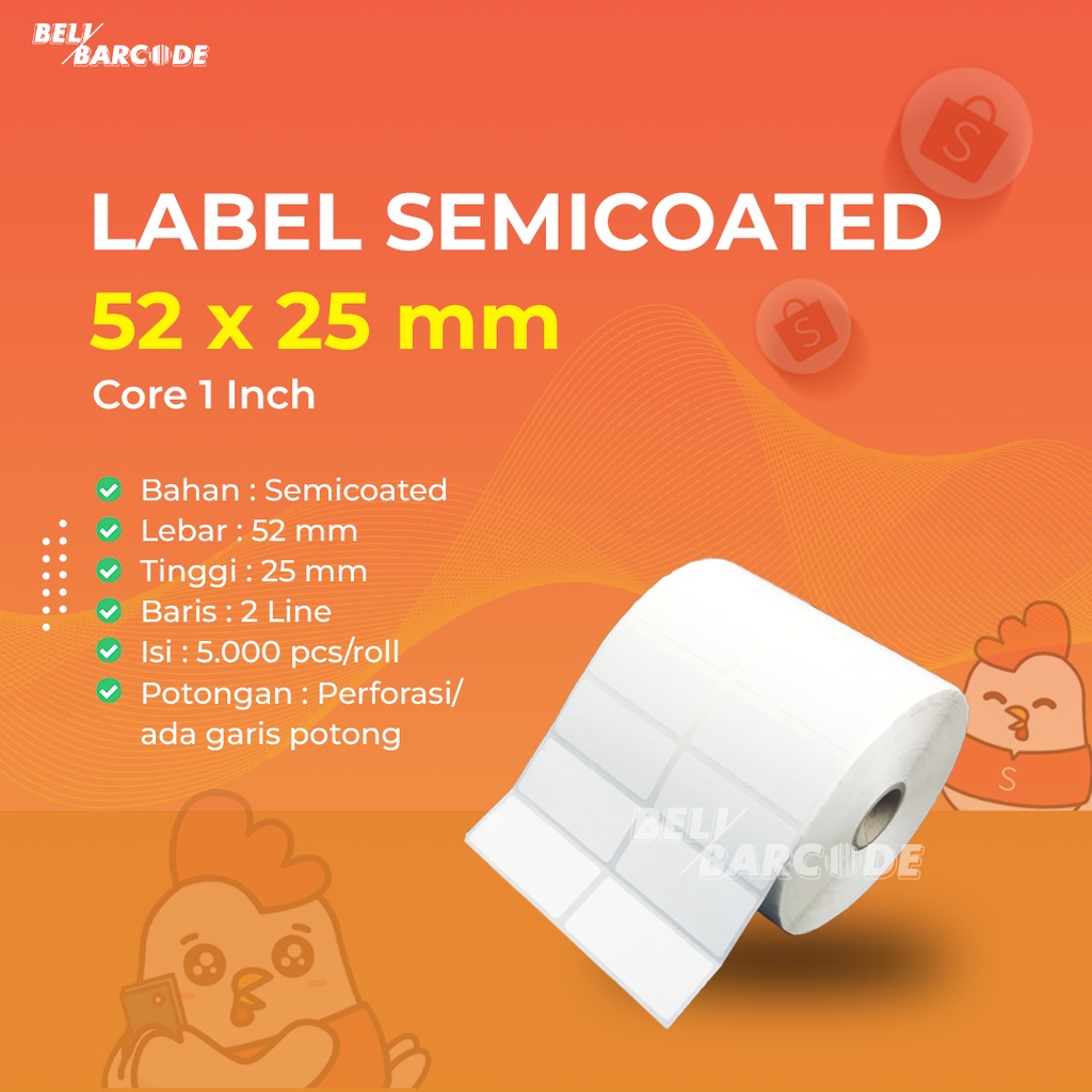 Kertas Label Barcode Semicoated 52x25mm 2 Line Core 1 Inch