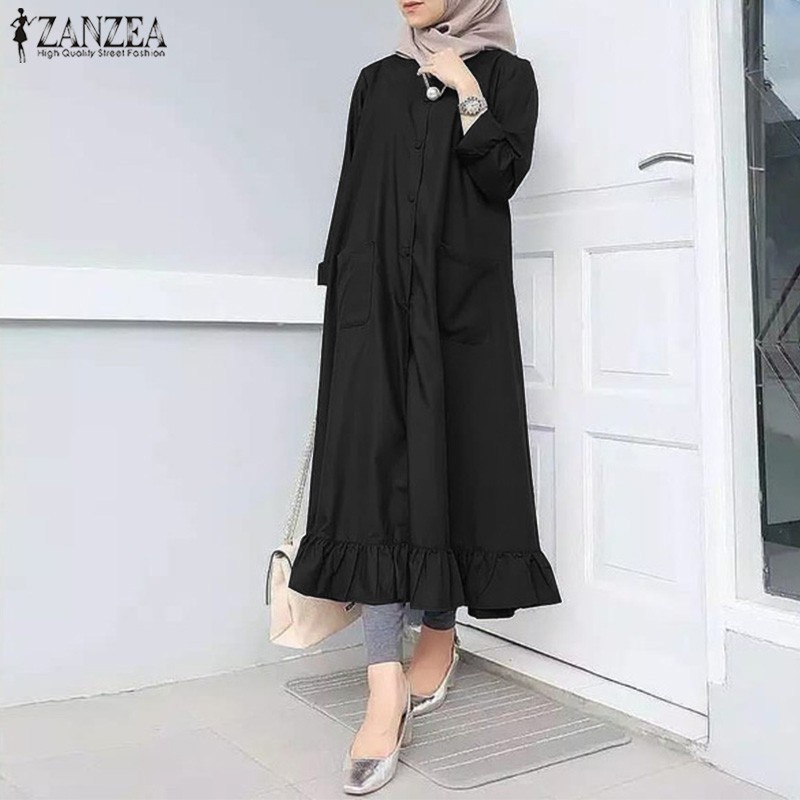 [PRINCESS KESLI]Wanita Vintage Lengan Panjang Kancing Bawah Dress Muslim Hem Frilled