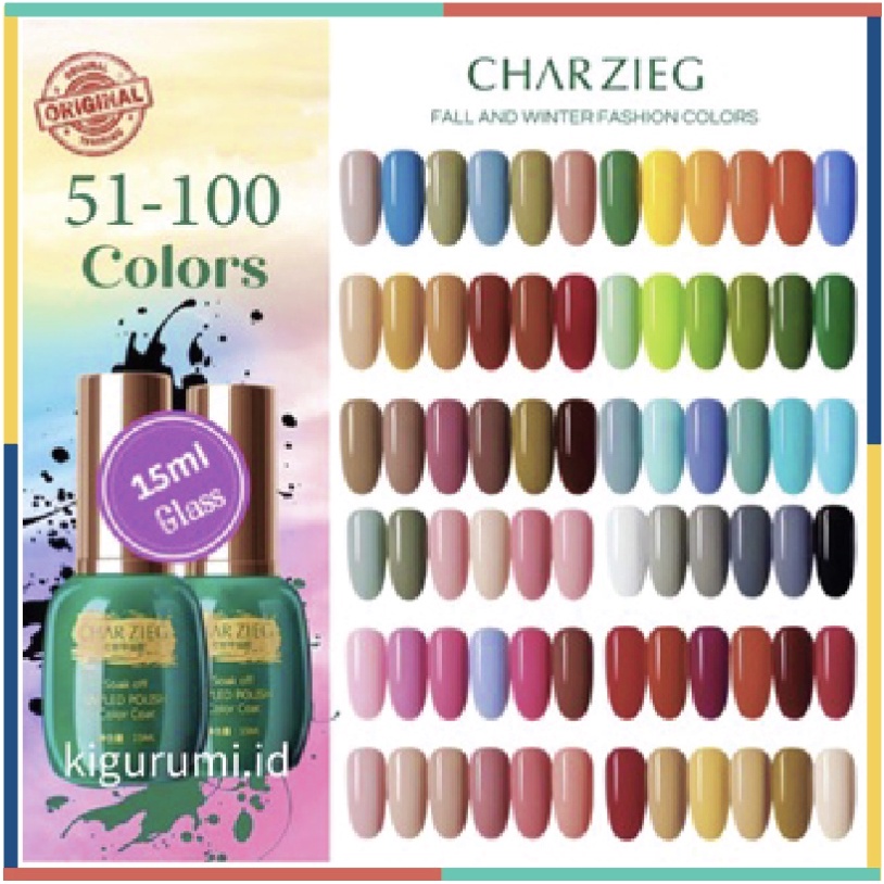 (51-100) CHARZIEG Kutek Soak Off Gel Halal UV Polish Cat Kuku Tahan 2 Bulan 15 ml KU007