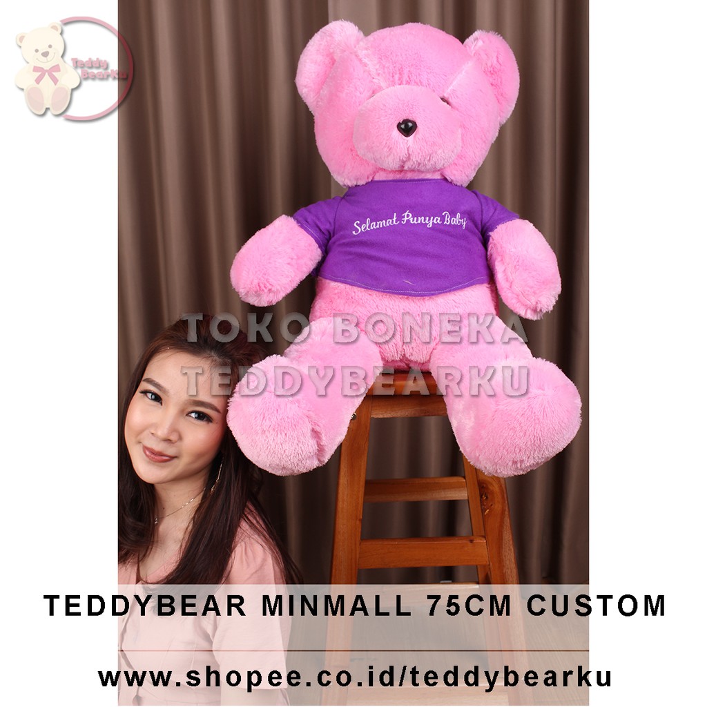 Teddy Bear Pink Baju Ungu + Tulisan Custom Boneka Beruang Mini Mall 75CM XL