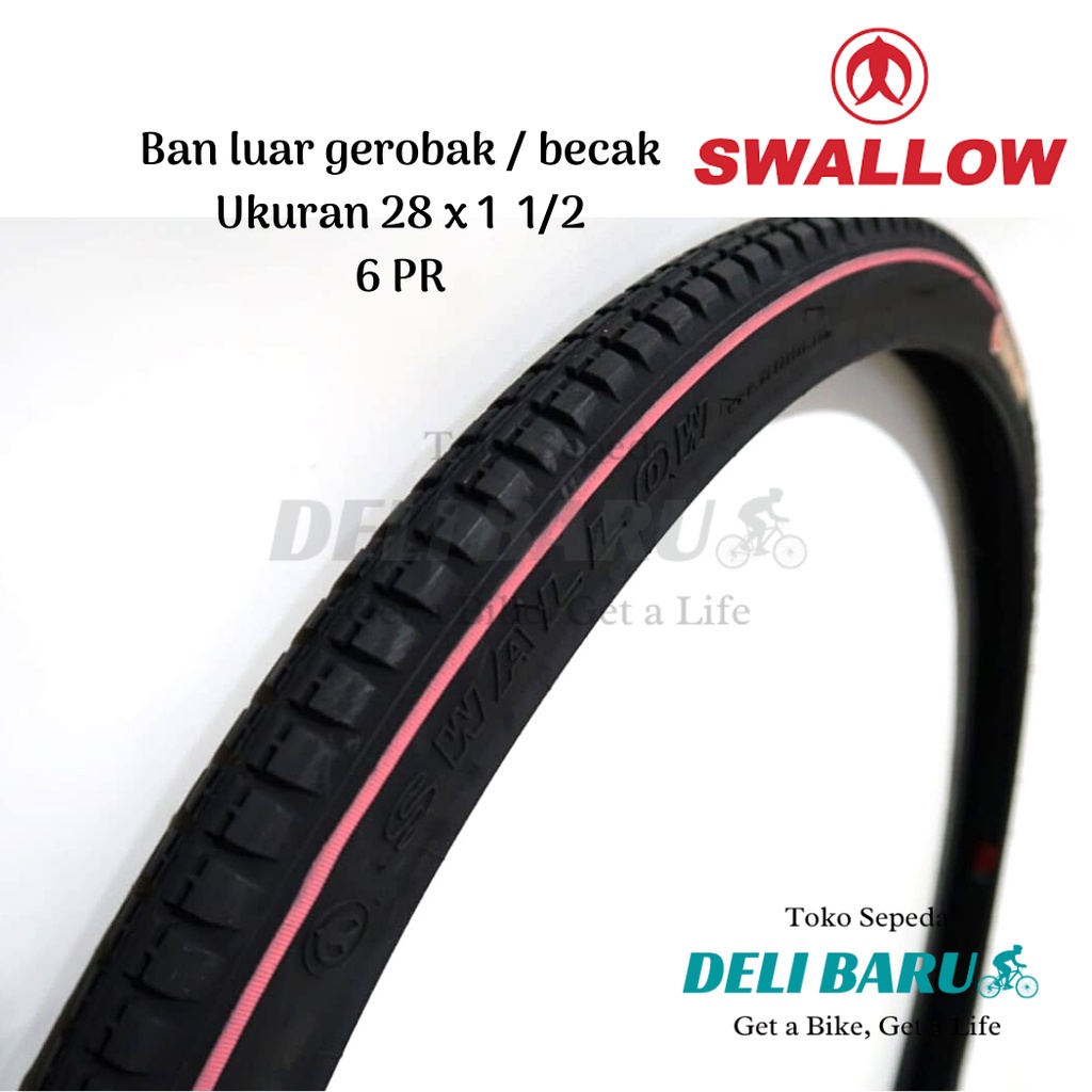 Swallow Ban luar 28 x 1 1/2 hitam list merah jambu 6 PR gerobak becak