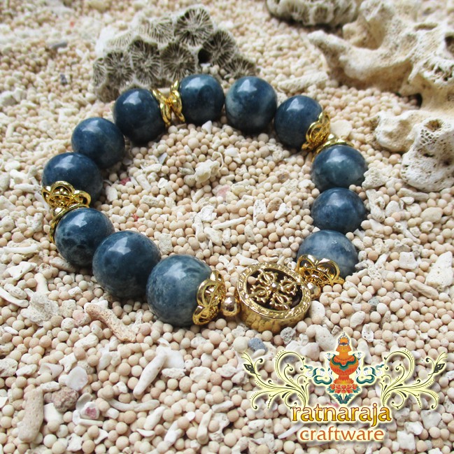 Gelang Batu / Wrist Mala Blue Coral 12 mm with Gold Double Vajra Ornament