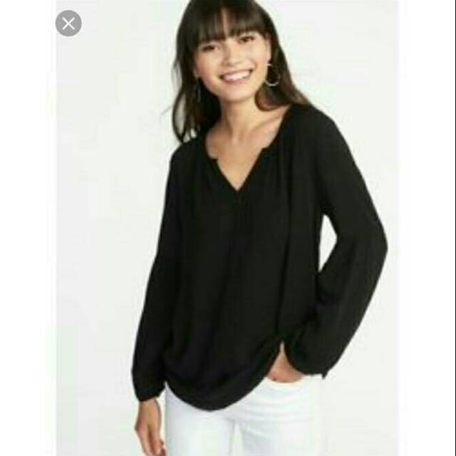 Old navy Slub- Weave Split Neck Black Blouse