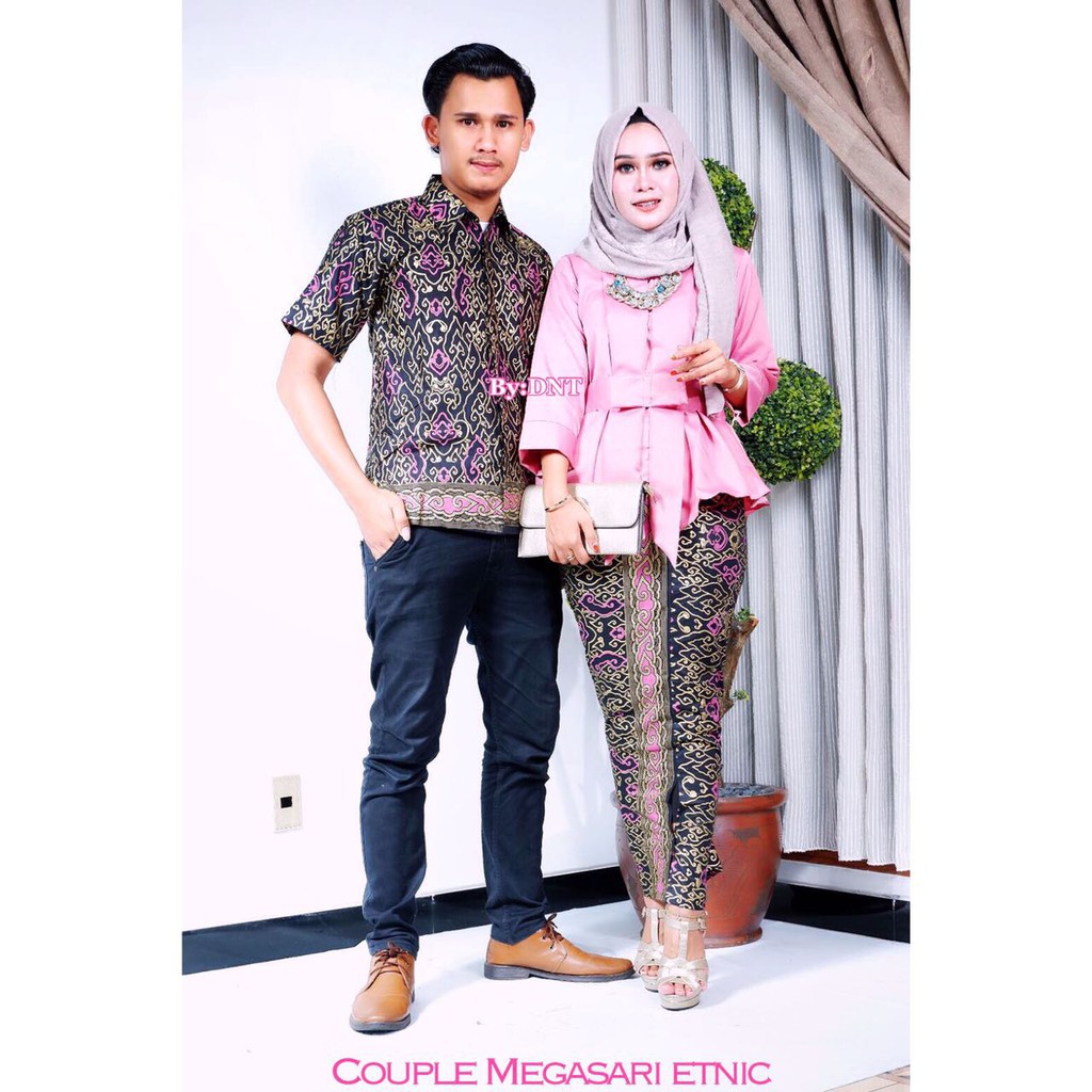 Batik Couple Sarimbit modern Megasari Etnik - Warna Pink, Tosca, Biru, Kuning - M L XL