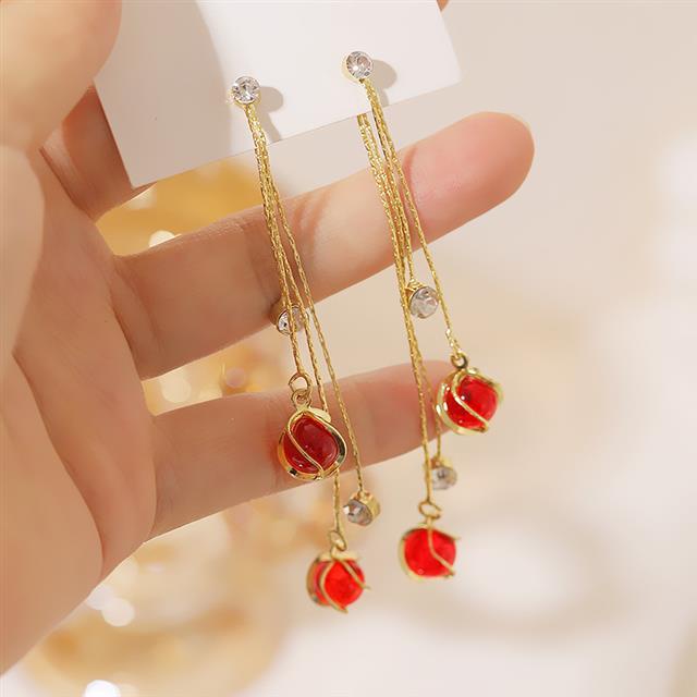 S925 Korea Opal bola telinga hook wanita merah halus sederhana anting-anting Korea gaya chic dan uni