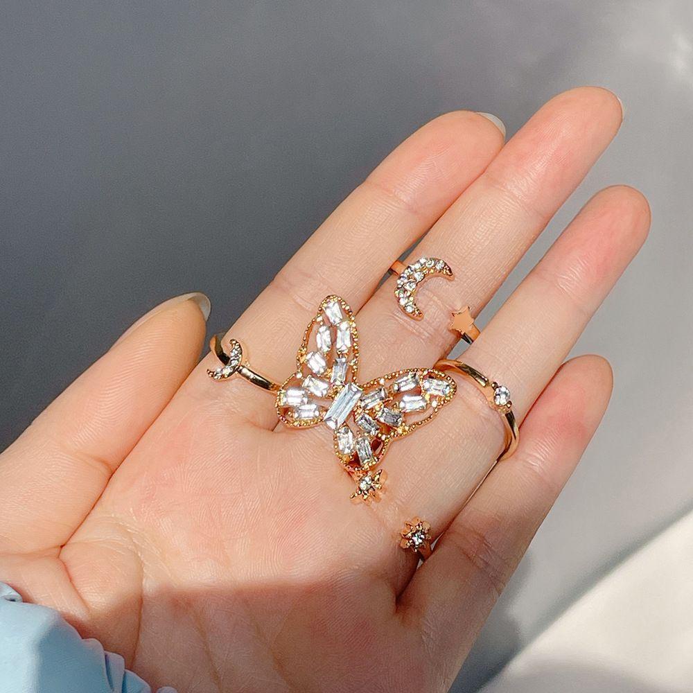 Set Cincin Jari Desain Butterfly Bulan Bintang Gaya Vintage Korea Untuk Hadiah Hari Valentine