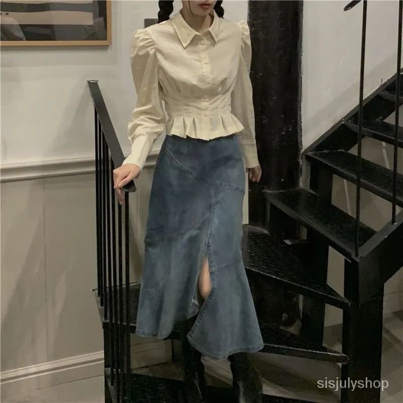 Kemeja pinggang wanita desain ceruk rasa kemeja 2021 baru atasan pendek retro Prancis