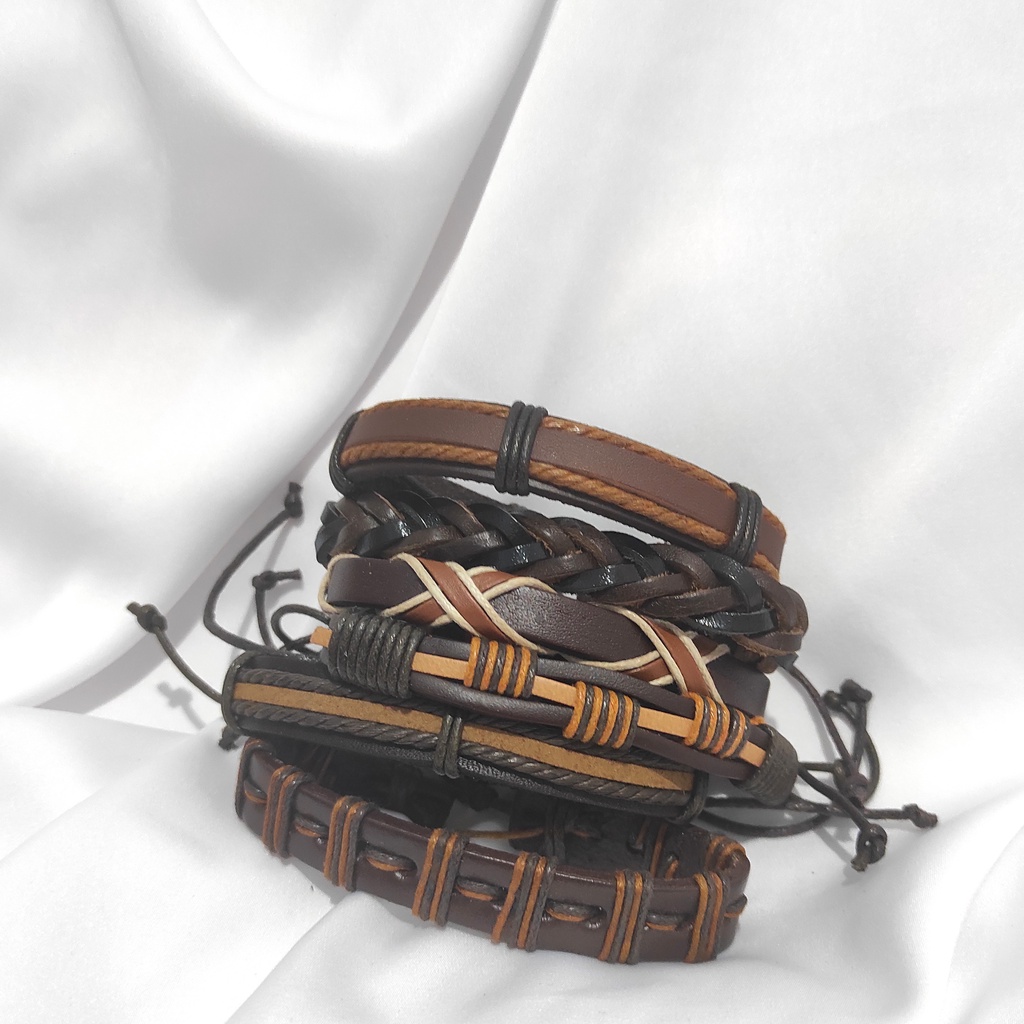 Gelang Pria Kulit Anyaman Tikar Set isi 6 Nuansa Coklat Tua