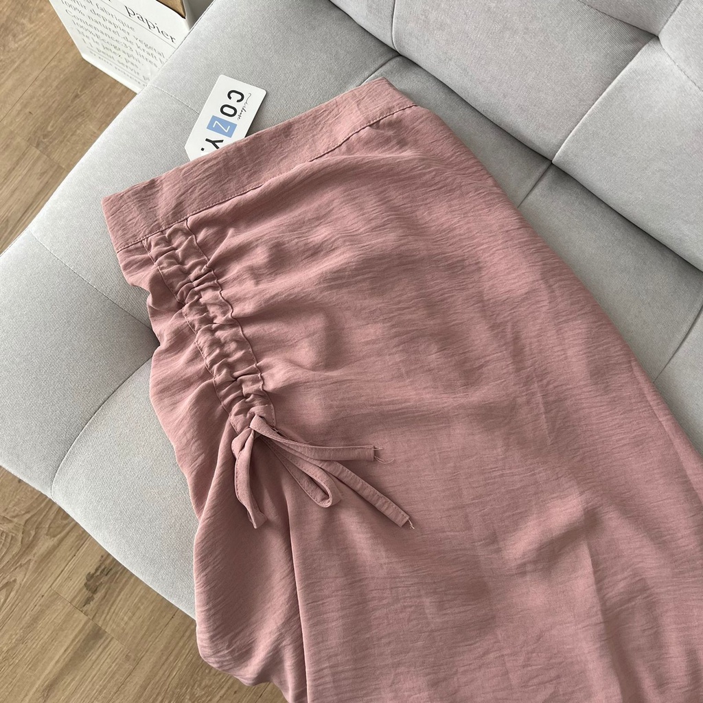 Tamara Skirt - Rok Serut Casual Flowy - Midi Maxi Ruched Skirt - Rok Wanita Korean Look-Pink