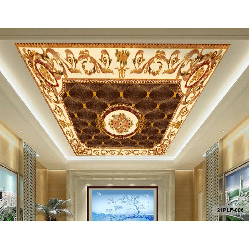 Wallpaper 3D Custom Plafon Latar Coklat Krem Batik Emas Klasik (21PLF-006)