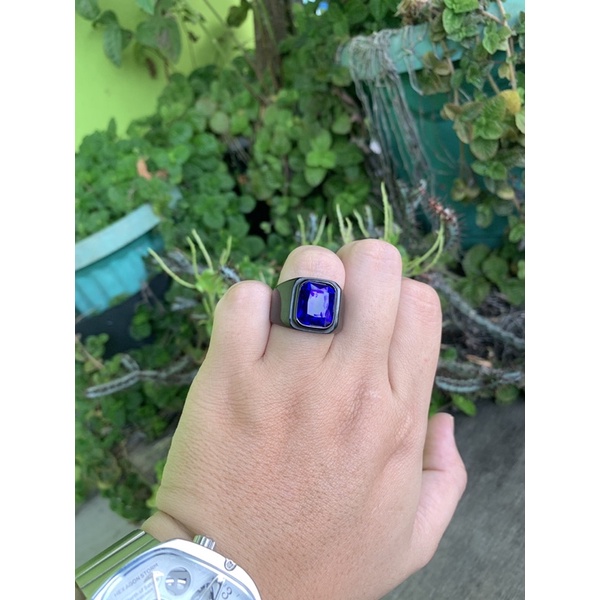 Cincin Pria Octagon Royal Blue Saphire Akik Safir Biru Ring Black Gun Titanium Stainless Steel Anti Luntur dan Karat