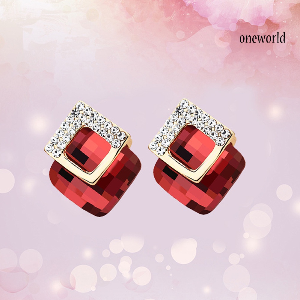 OW@ Concise Rhinestone Inlaid Square Stud Earrings Women Banquet Party Jewelry Gift