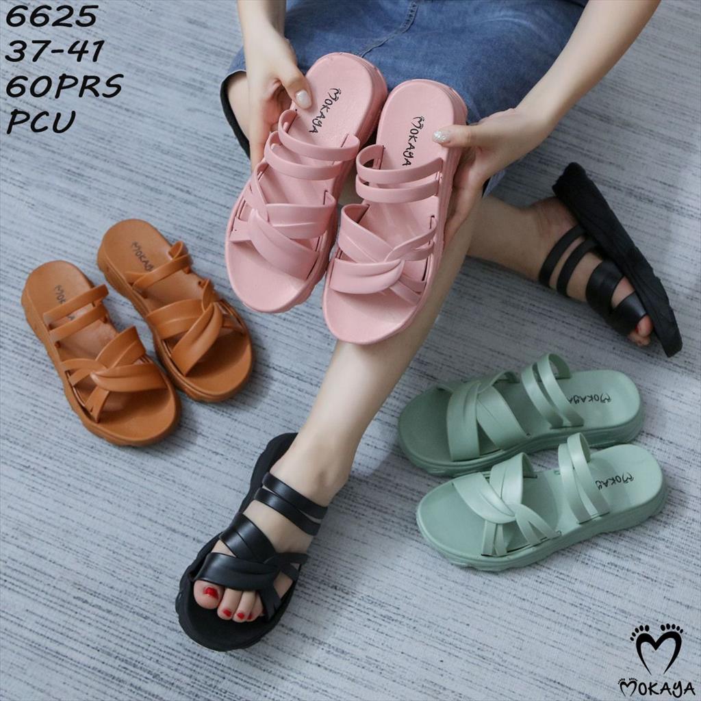 Sandal Slop Jelly Wanita Ban Ikat Silang Tali 2 Sol Tebal Empuk Cantik Casual Import Mokaya / Size 37-41 (6625)