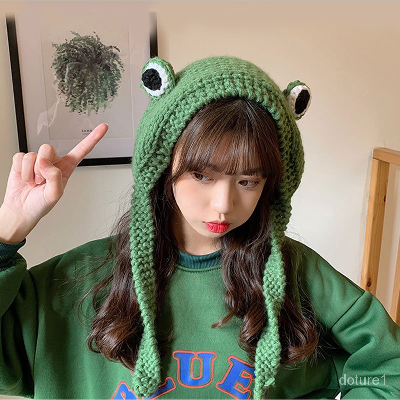 Korean Women Cute Frog Hat Knitted Woolen Beanie Cap Autumn And Winter Big Eyes Frog Hats Headgear W