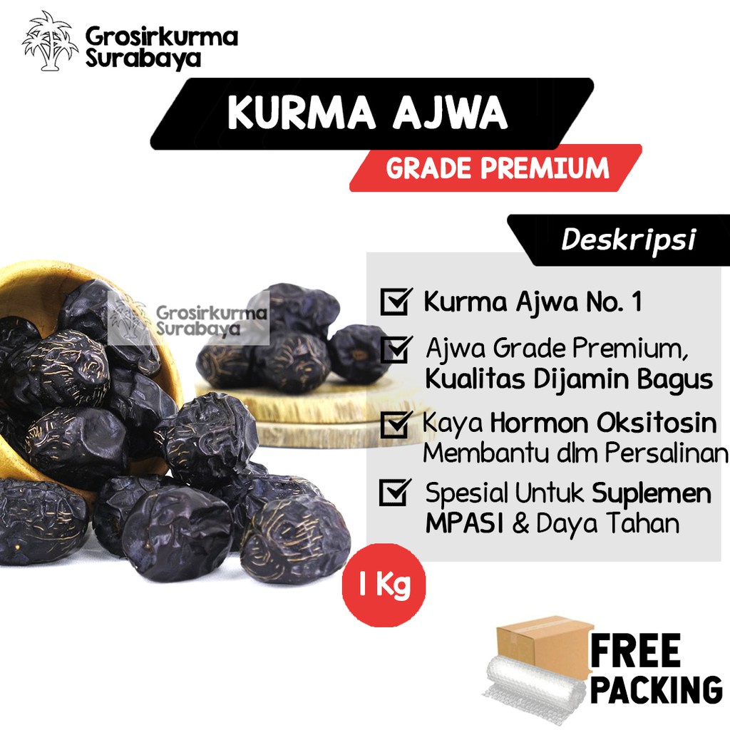 Kurma Nabi Ajwa Premium Madinah 1 Kg Tekstur Besar Pelancar Kelahiran Bumil MPASI Oleh Haji Umroh