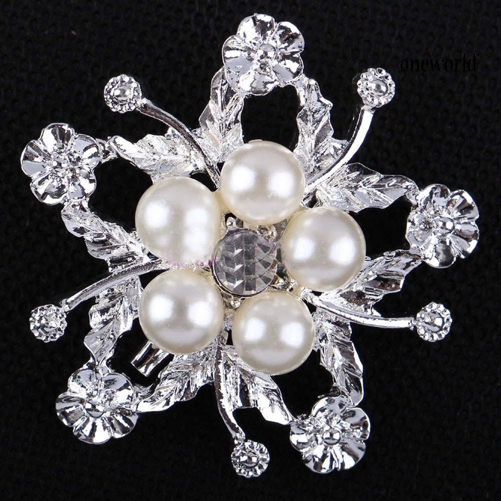 OW@ Rhinestone Faux Pearl Flower Broach Brooch Pin Bouquet Wedding Bridal Jewelry