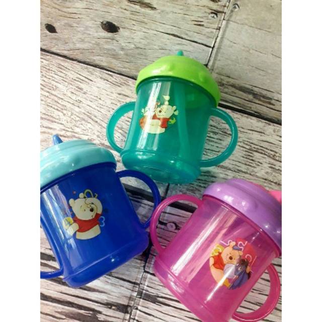 Disney Winnie The Pooh 2 Handle Cup Zipper Gelas Sedotan  