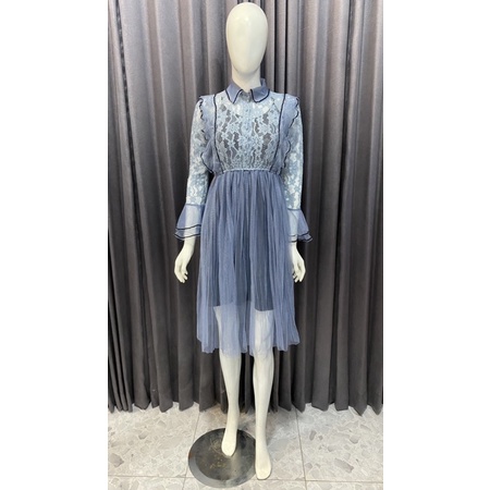 dress brukat biru korea