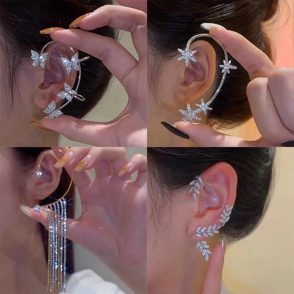 Anting Korea Kupu Telinga Klip Logam Berongga Wanita Emas Anting Perak Mode Berlian Bunga Perhiasan Aksesoris Hadiah