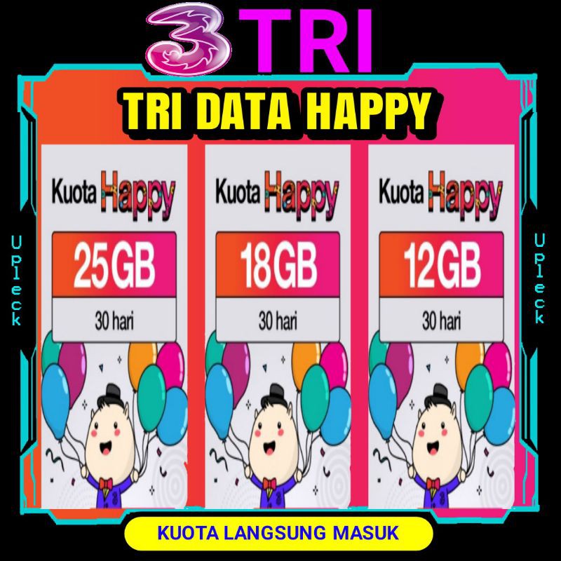 Tembak / Inject Tri Kuota HAPPY Kuota Data Full 24 Jam 30hri 12GB 18GB 25GB