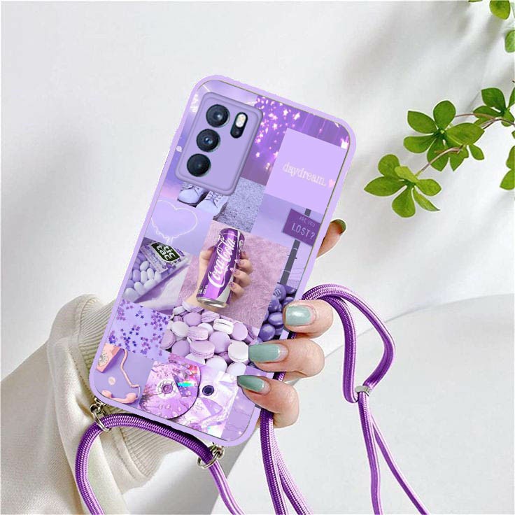 Softcase Kaca Ungu/Lilack + Tali Oppo A16 Oppo A54 Oppo A15 Oppo A5s Reno 5 Reno 5F Reno 6 (4G) | so