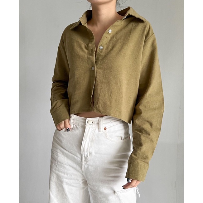Ceya Top | Kemeja Crop Linen Lengan Panjang | Outer Crop Linen - Atasan Wanita 993-Olive