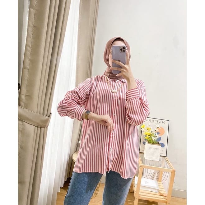 kemeja strip / kemeja wanita panjang LD 105 cm